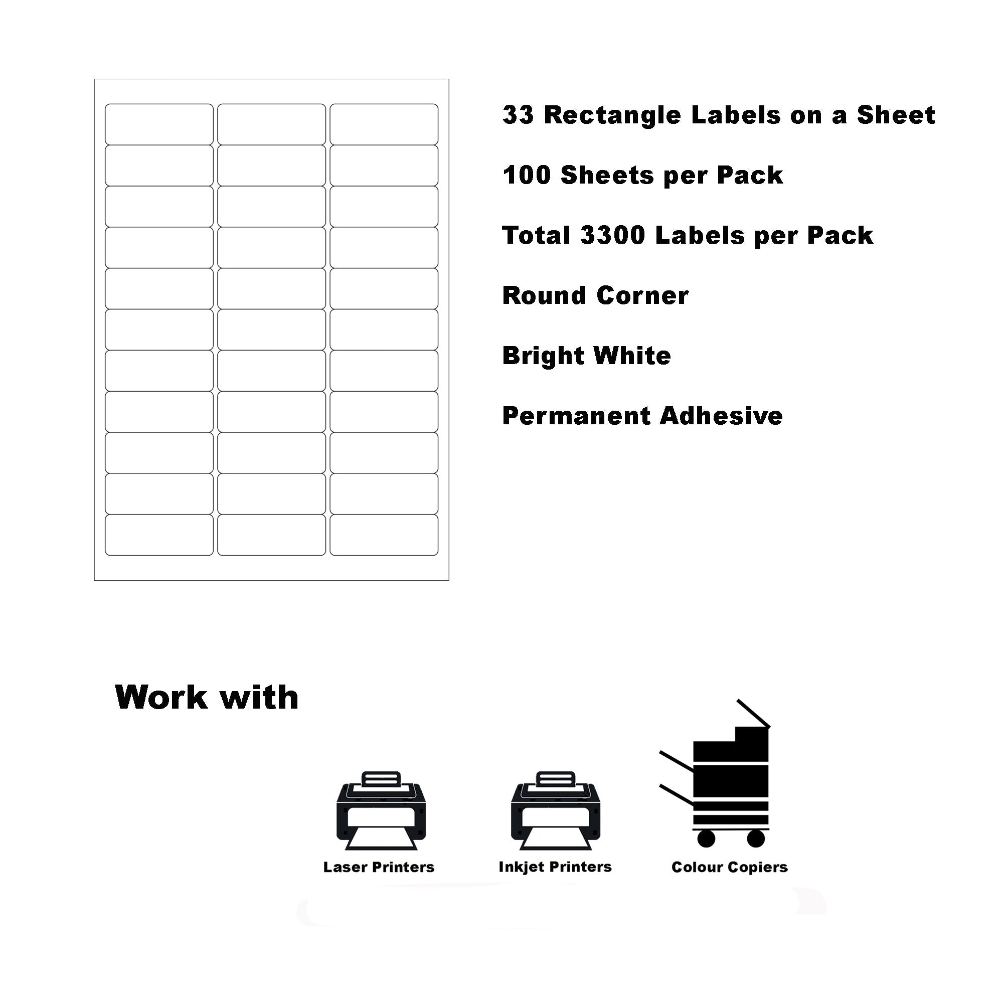 A4 Format Rectangle Labels 64 x 24.3mm 33 Labels Per Sheet/ 1000 Sheets
