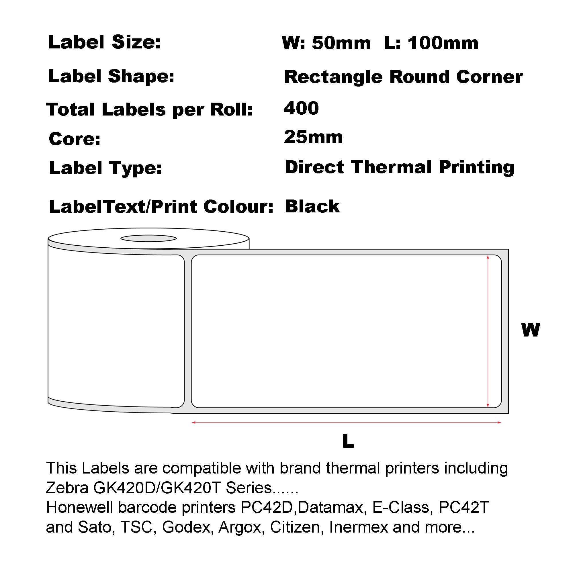Direct Thermal Labels 50 x 100mm 400 Perforated Labels/Roll Zebra/ 50 Rolls