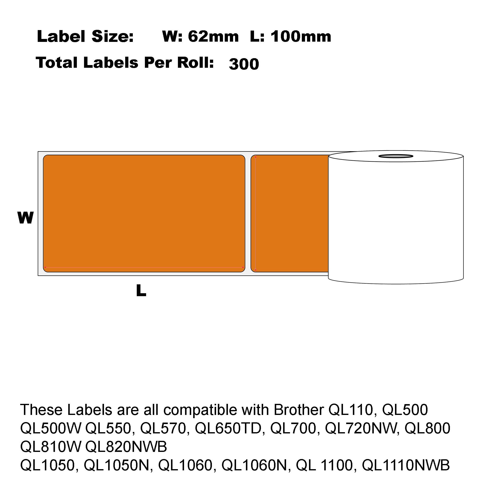 Compatible Brother DK-11202 Orange Refill Shipping Labels 62 x 100mm/ 50 Rolls