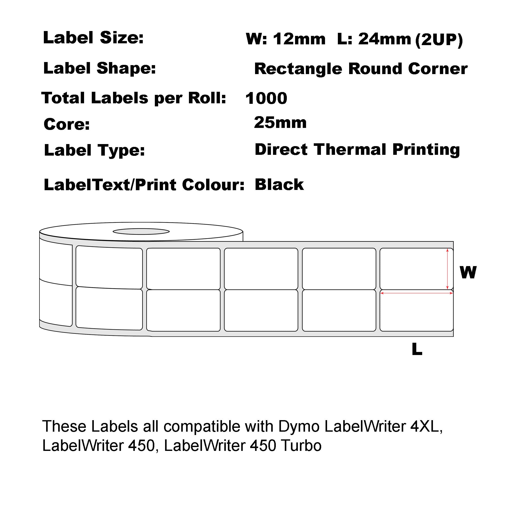 Compatible  Dymo 11353 Labels 12mm x 24mm (2UP)/ 50 Rolls