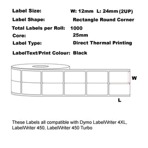 Rouleaux Étiquettes Compatibles Dymo/Seiko - 5 Rouleaux 12x24 Mm - 1000 Étiquettes Par Rouleau - Noir Sur Blanc