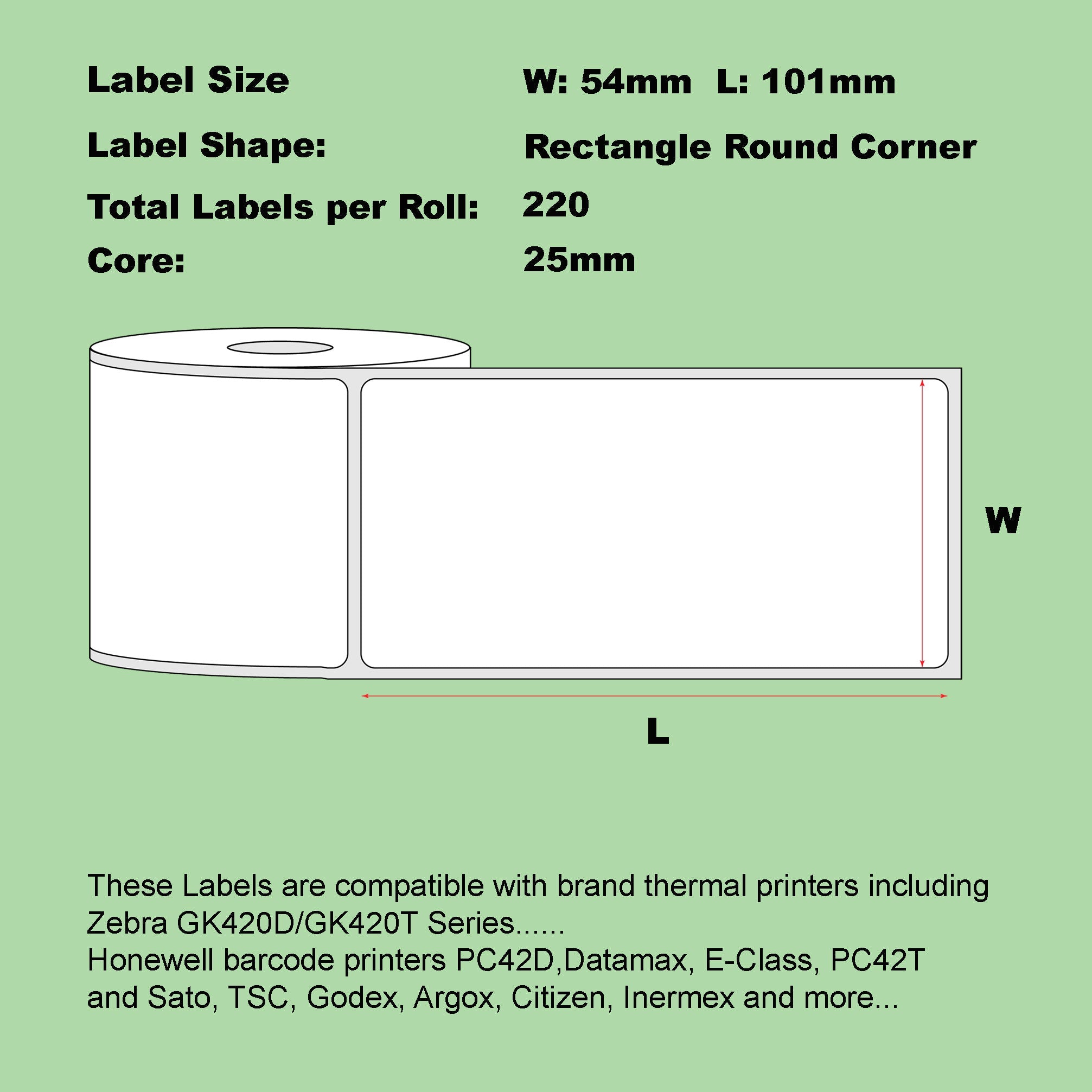 Direct Thermal Labels 54 x 101mm 220 Labels Per Roll/ 50 Rolls