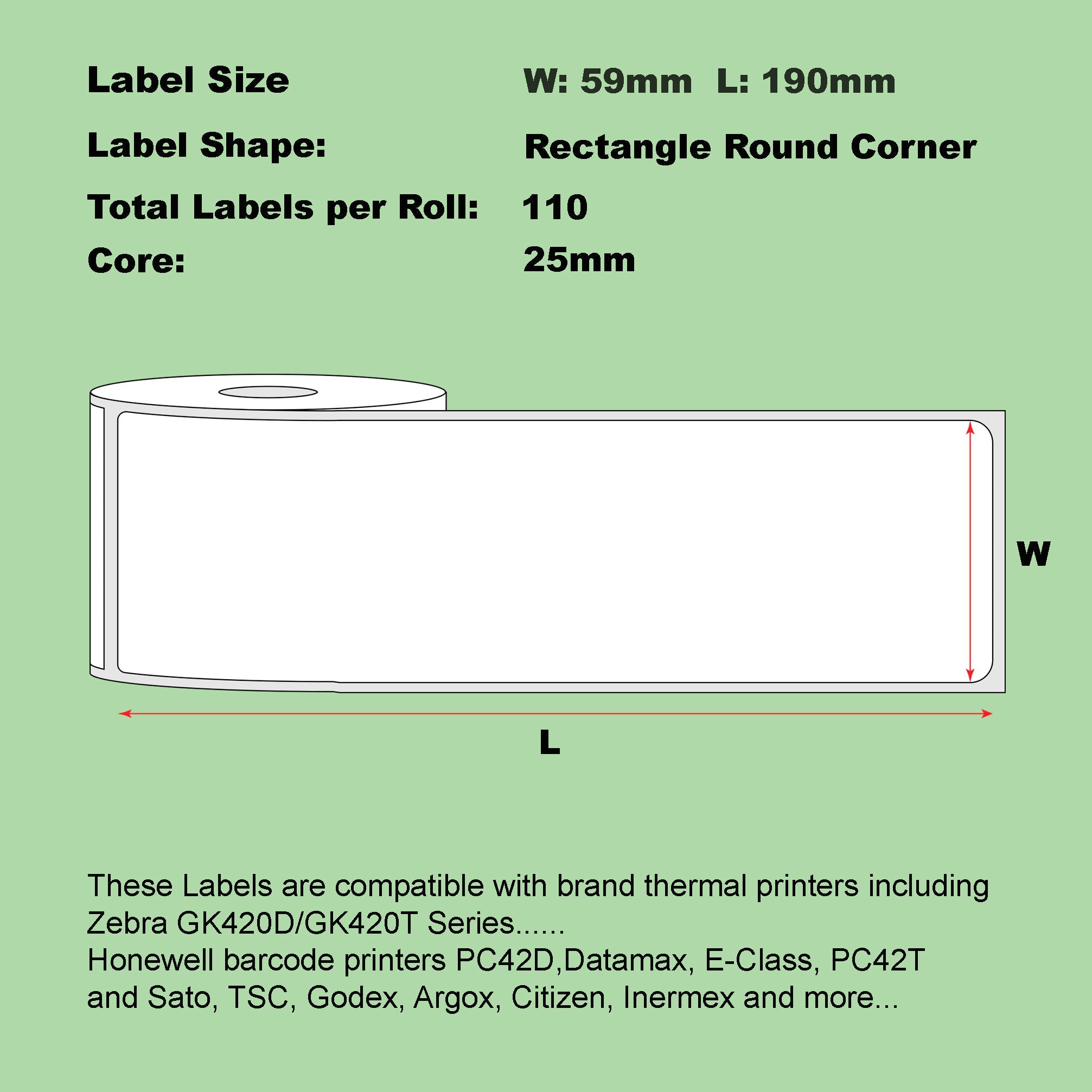 Direct Thermal Labels 59 x 190mm 110 Labels Per Roll/ 50 Rolls