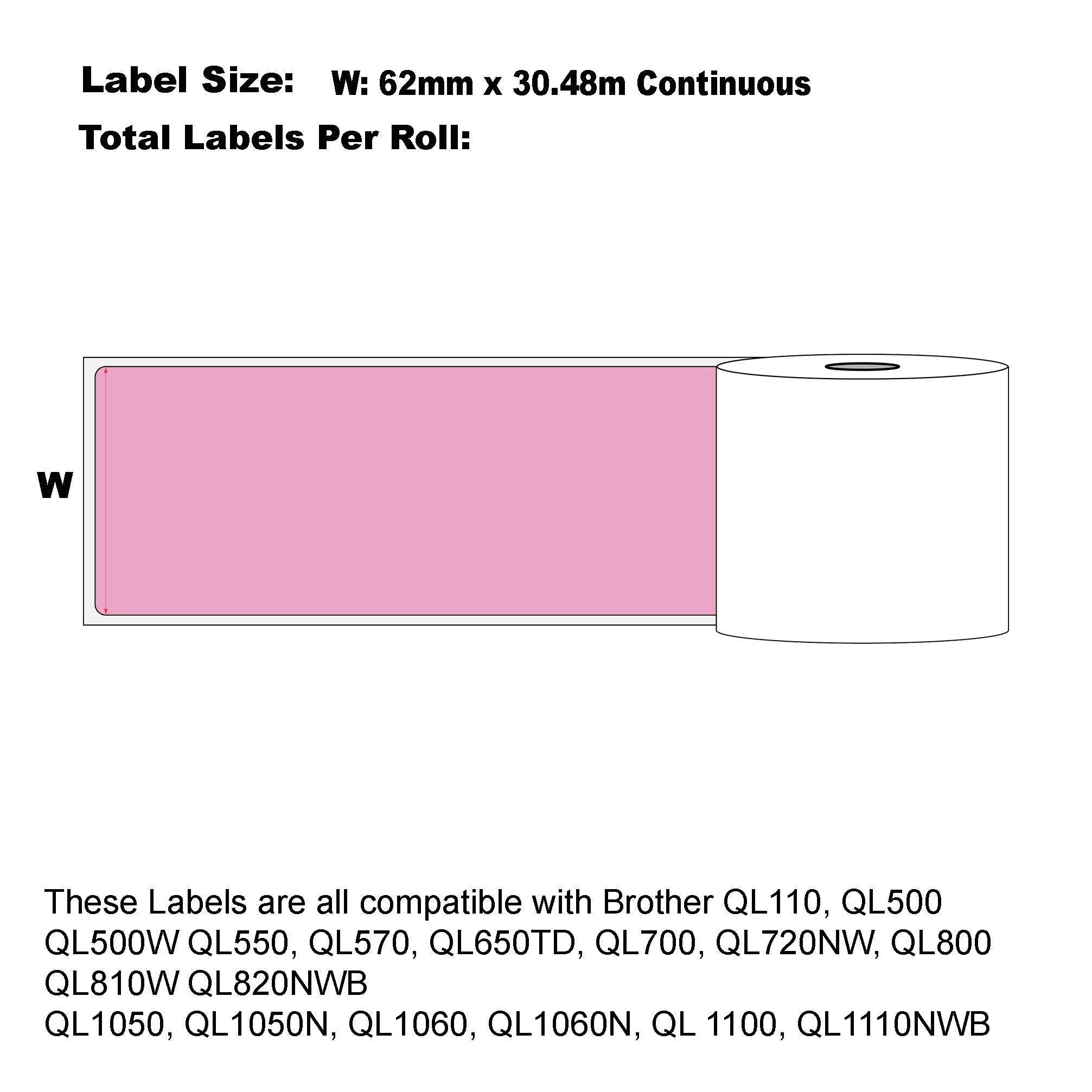 Compatible Brother DK-22205 Pink Refill Label Tapes 62mm x 30.4m/ 50 Rolls