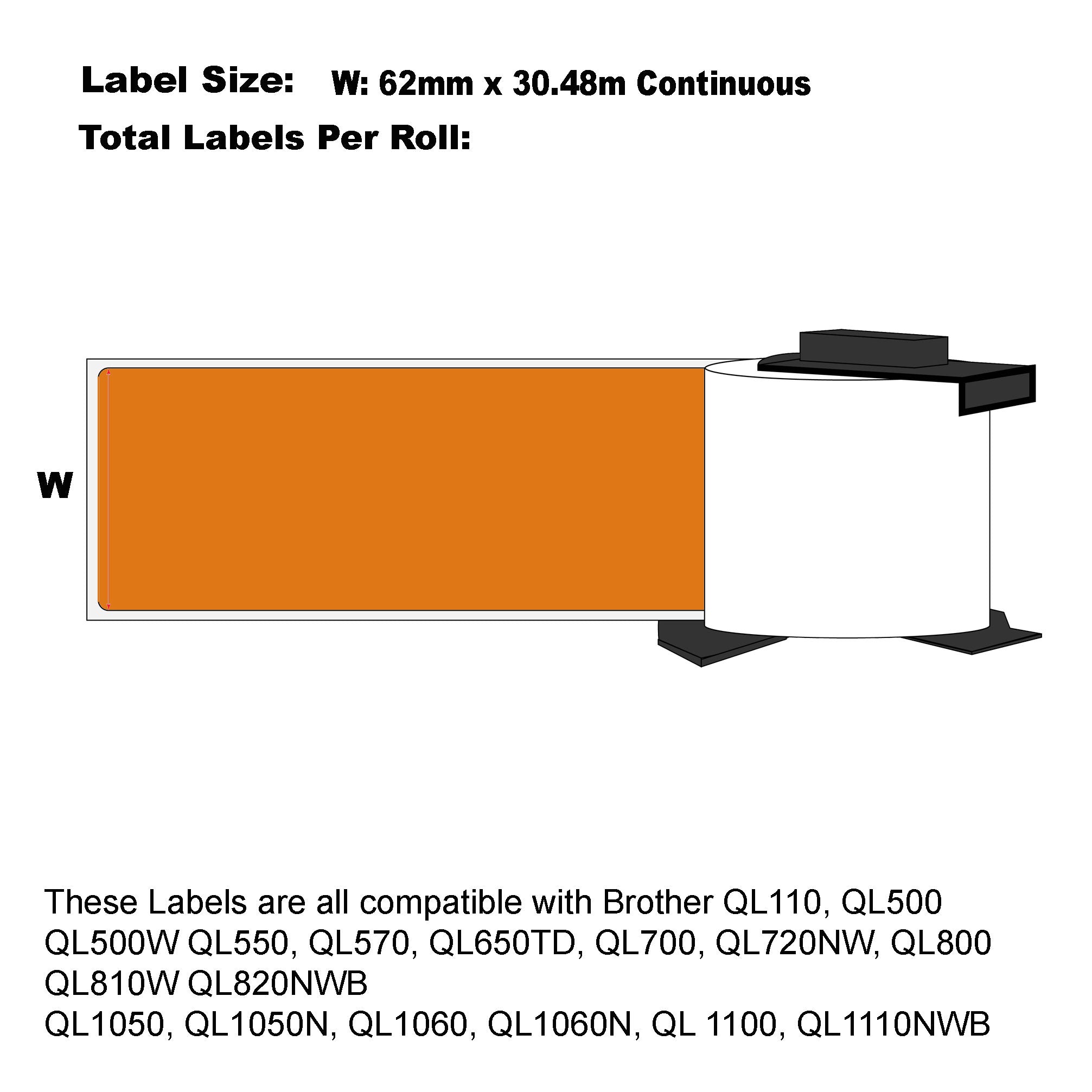 Compatible Brother DK-22205 Orange Label Tapes 62mm x 30.4m/ 50 Rolls
