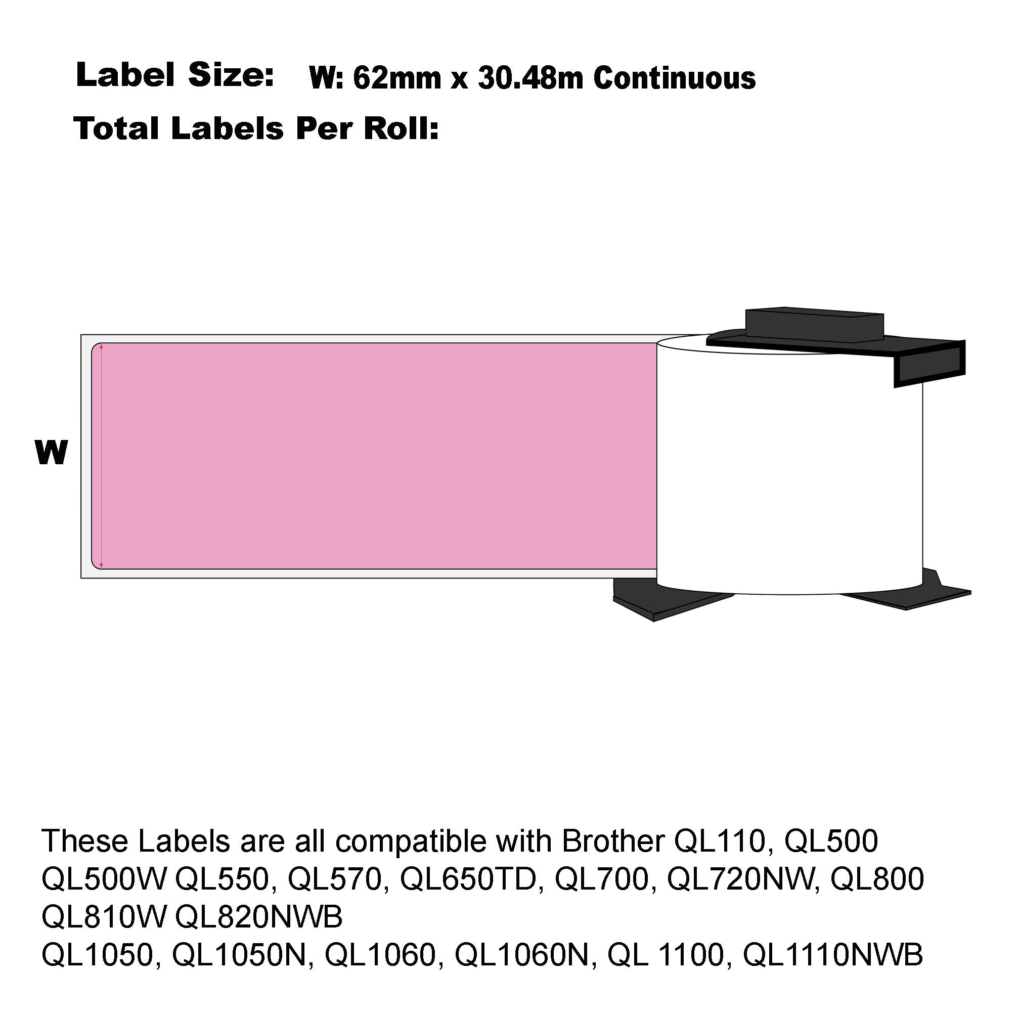 Brother Compatible DK-22205 Pink Label Tapes 62mm x 30.4m/ 50 Rolls