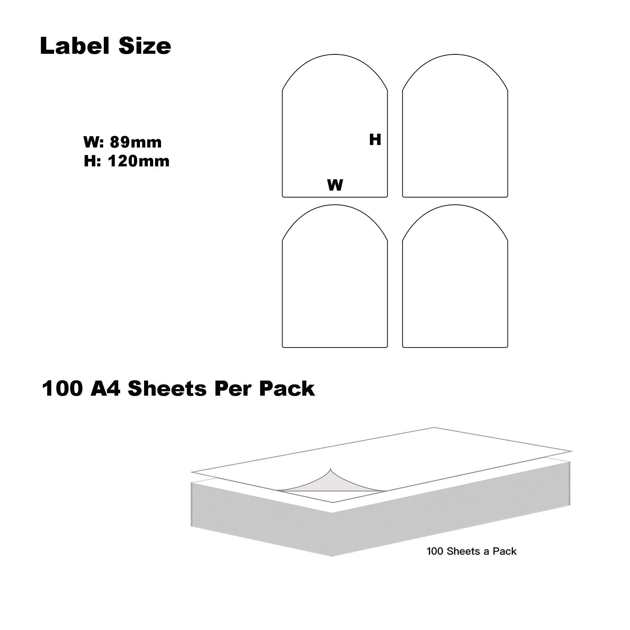 A4 Format Arched Labels 89 x 120.7mm 4 Labels Per Sheet/ 1000 Sheets