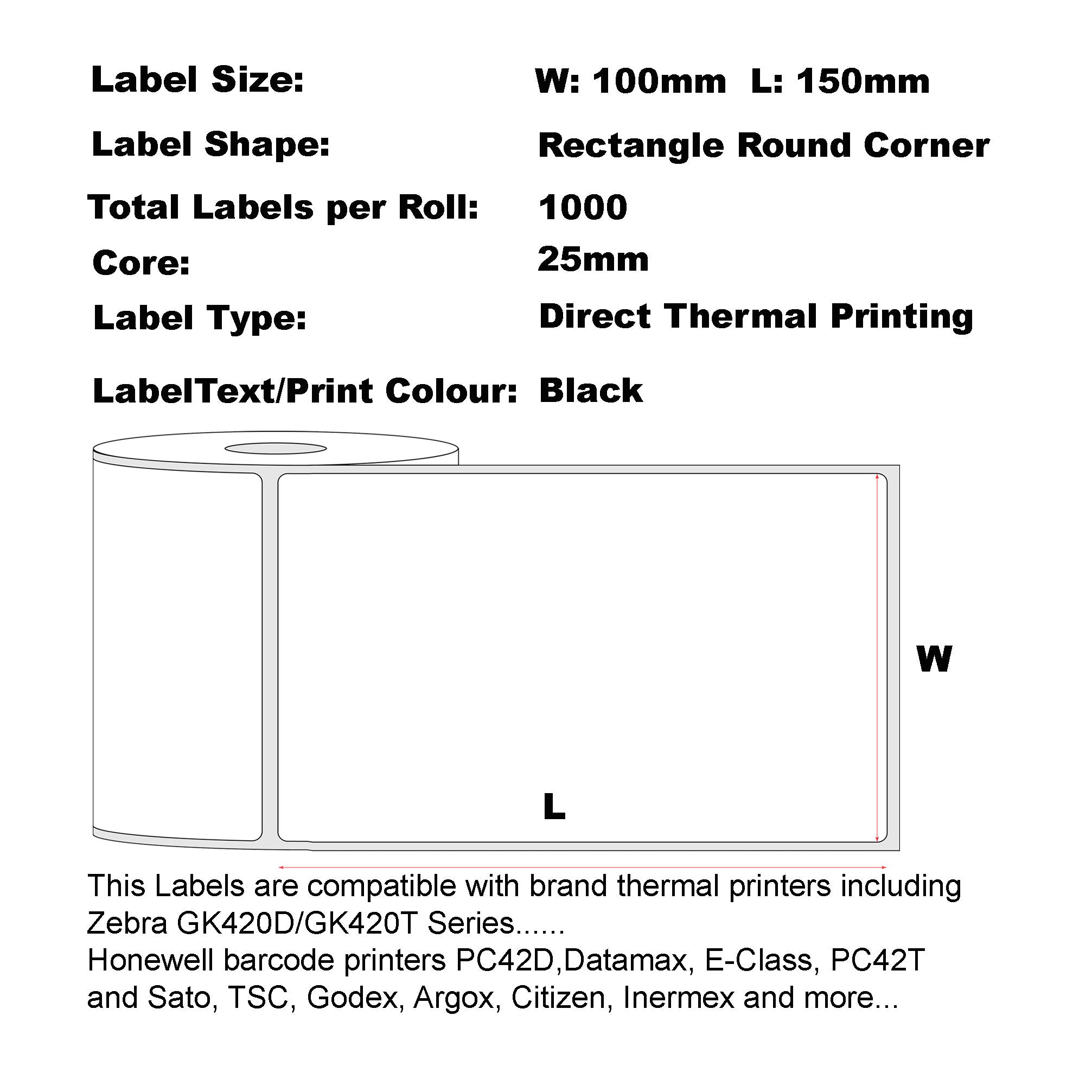 Direct Thermal Labels 100 x 150mm (4"x6") 1000 Labels Per Roll (Zebra)/ 50 Rolls