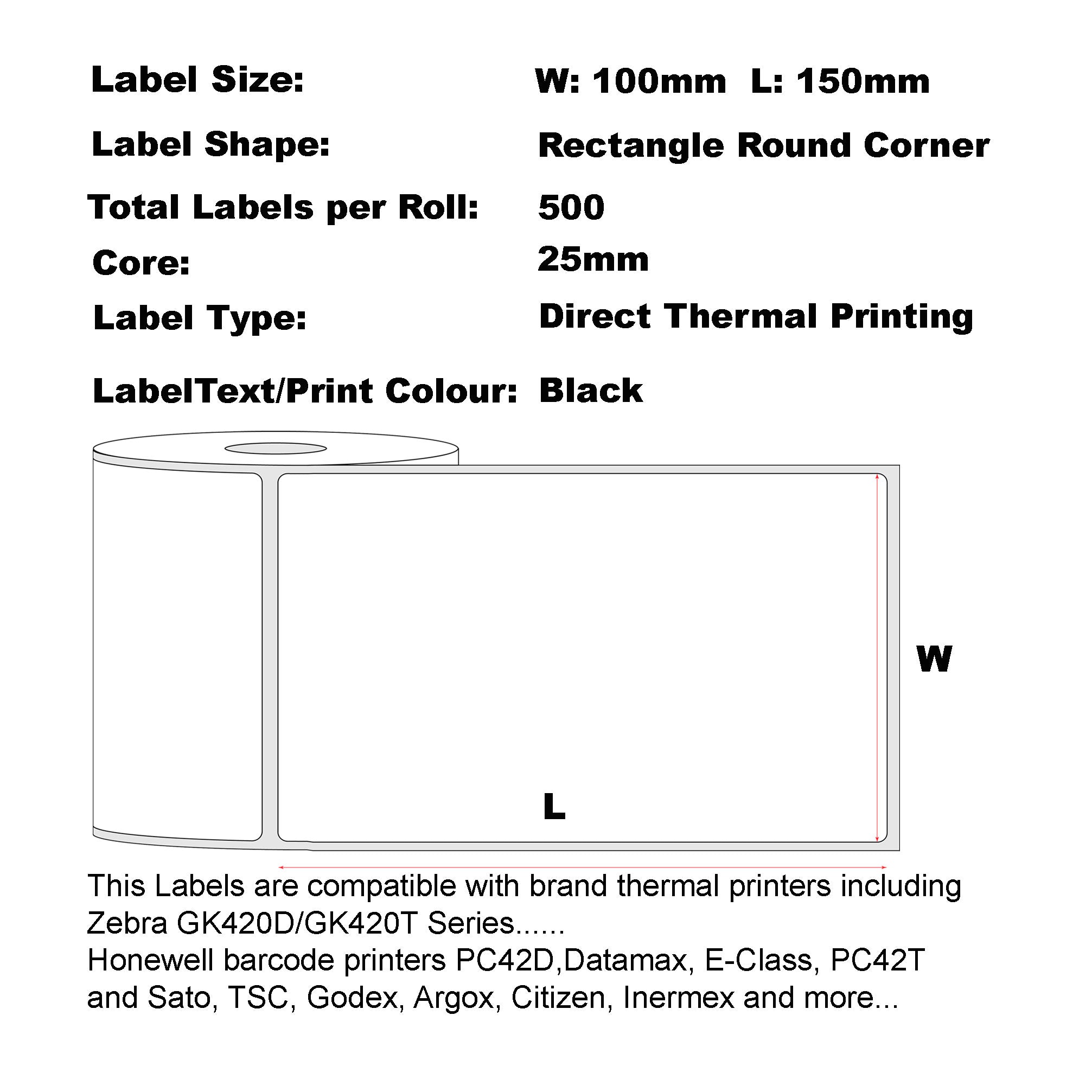 Direct Thermal Labels 100 x 150mm (4"x6") 500 Labels Per Roll (Zebra)/ 50 Rolls