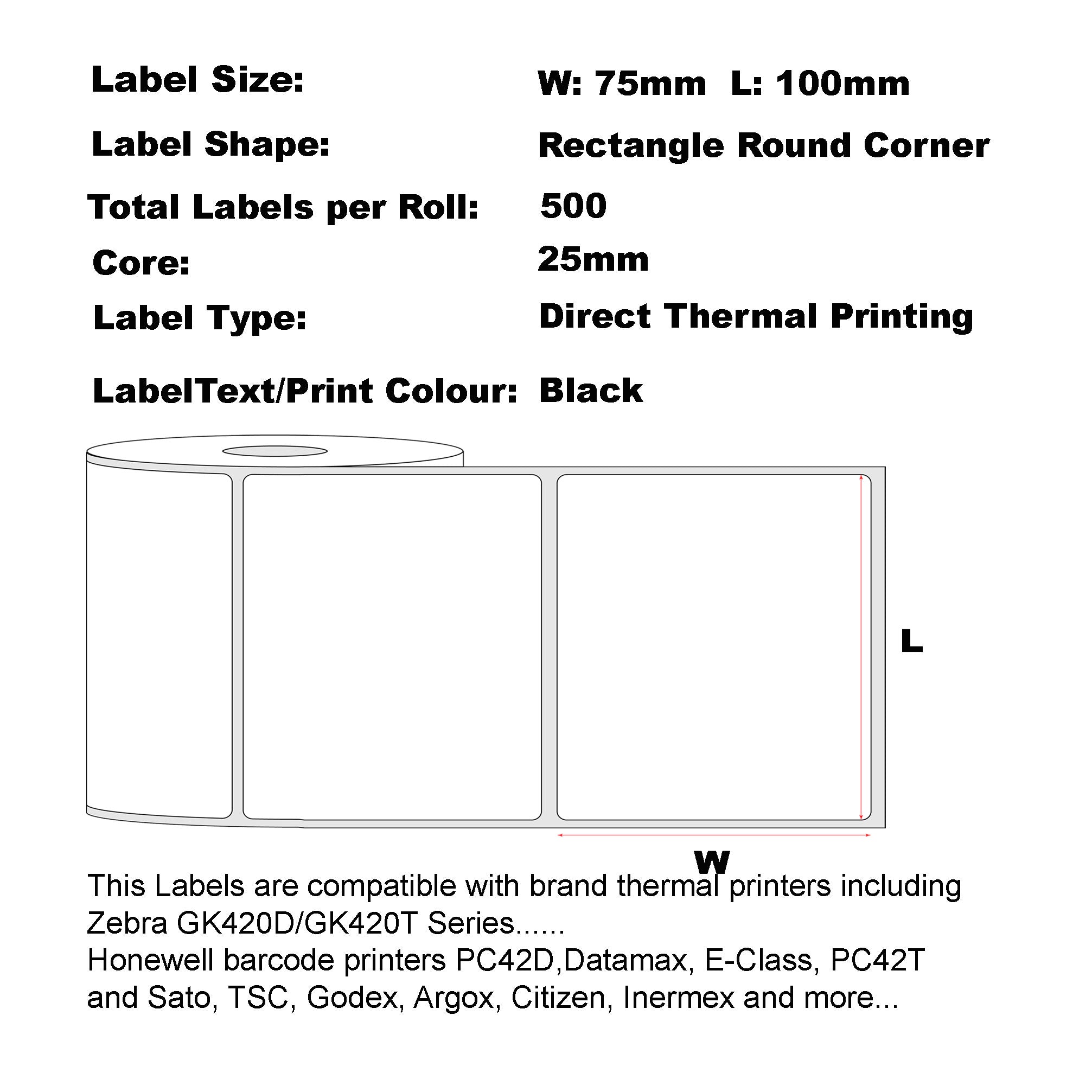 Direct Thermal 100mm x 75mm (4"x3") 750 Perforated Label Per Roll (Zebra)/ 50 Rolls