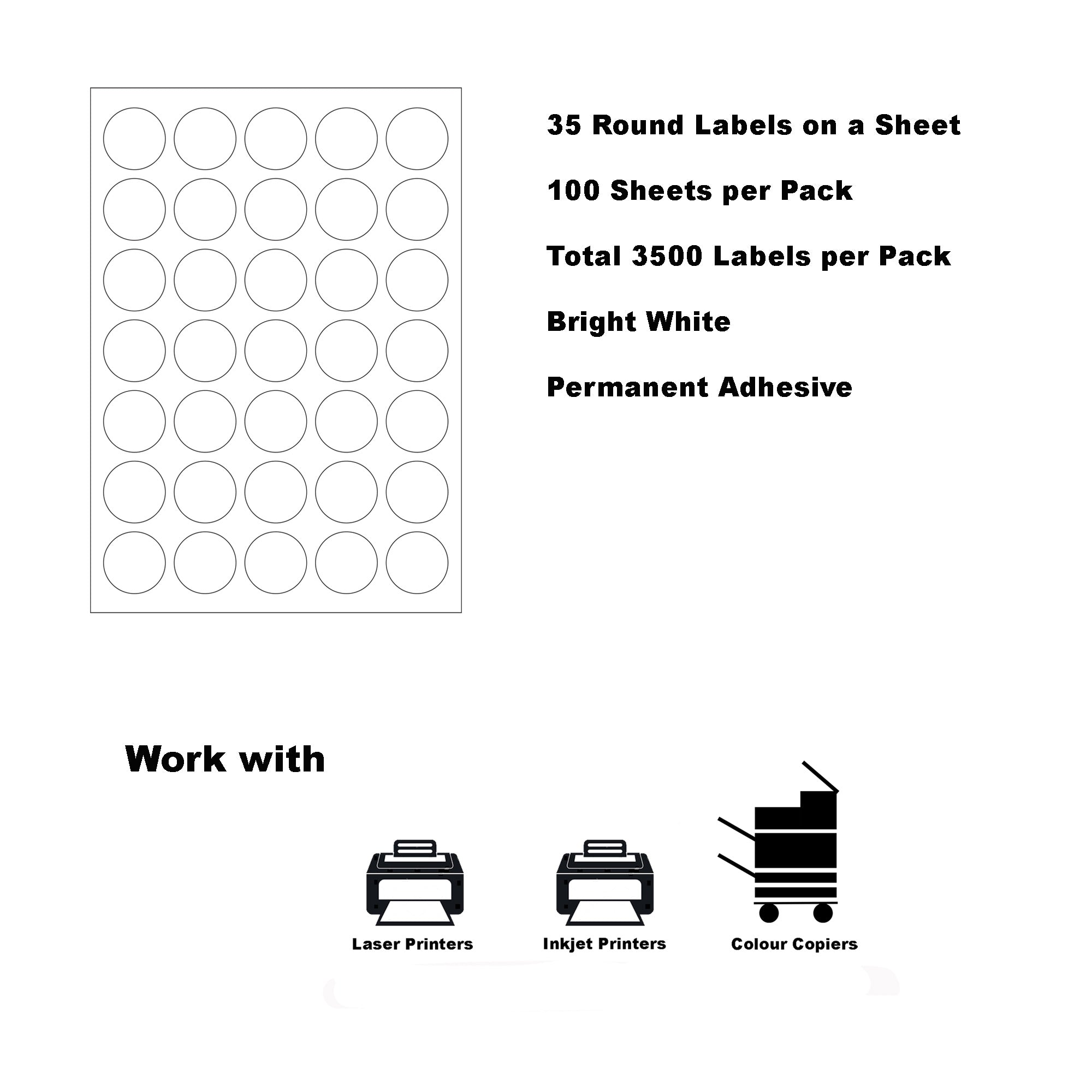 A4 Format Round Labels  Ø 35mm 35 Labels Per Sheet/ 1000 Sheets